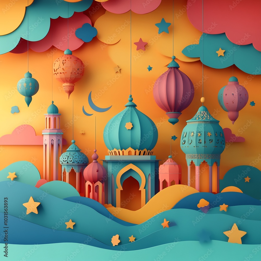 Poster whimsical paper cut style banner displaying an array of colorful islamic lanterns stars and crescent