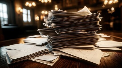 A stacked pile of papers rests on a wooden table in a dimly lit room, reflecting a sense of organization and academic environment.