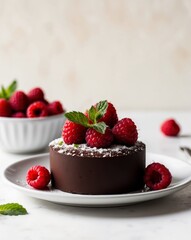 Rich chocolate dessert with fresh raspberries and mint.