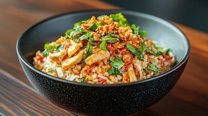 Flavorful Stir-Fried Banana Blossom with Rice, Fresh Herbs, and Crispy Toppings, A Vegan Delight for Asian-Inspired Meals