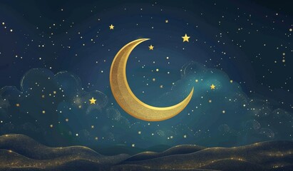 Naklejka premium Crescent Moon and Stars Night Sky