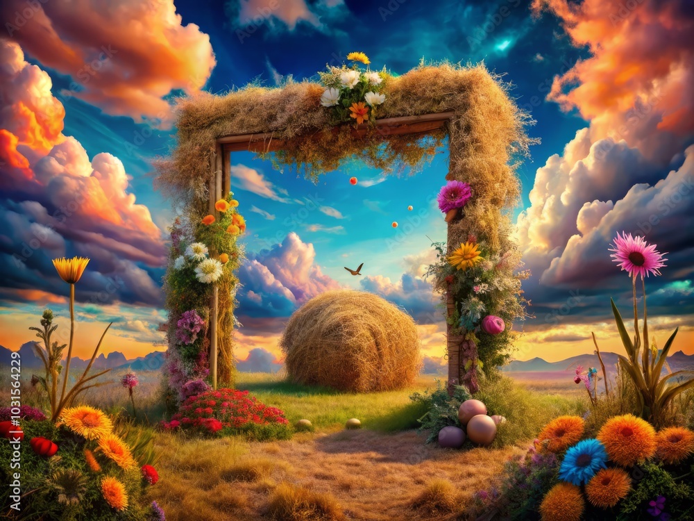 Poster surreal frame of hay in dreamlike landscape with whimsical colors and distorted perspectives for uni