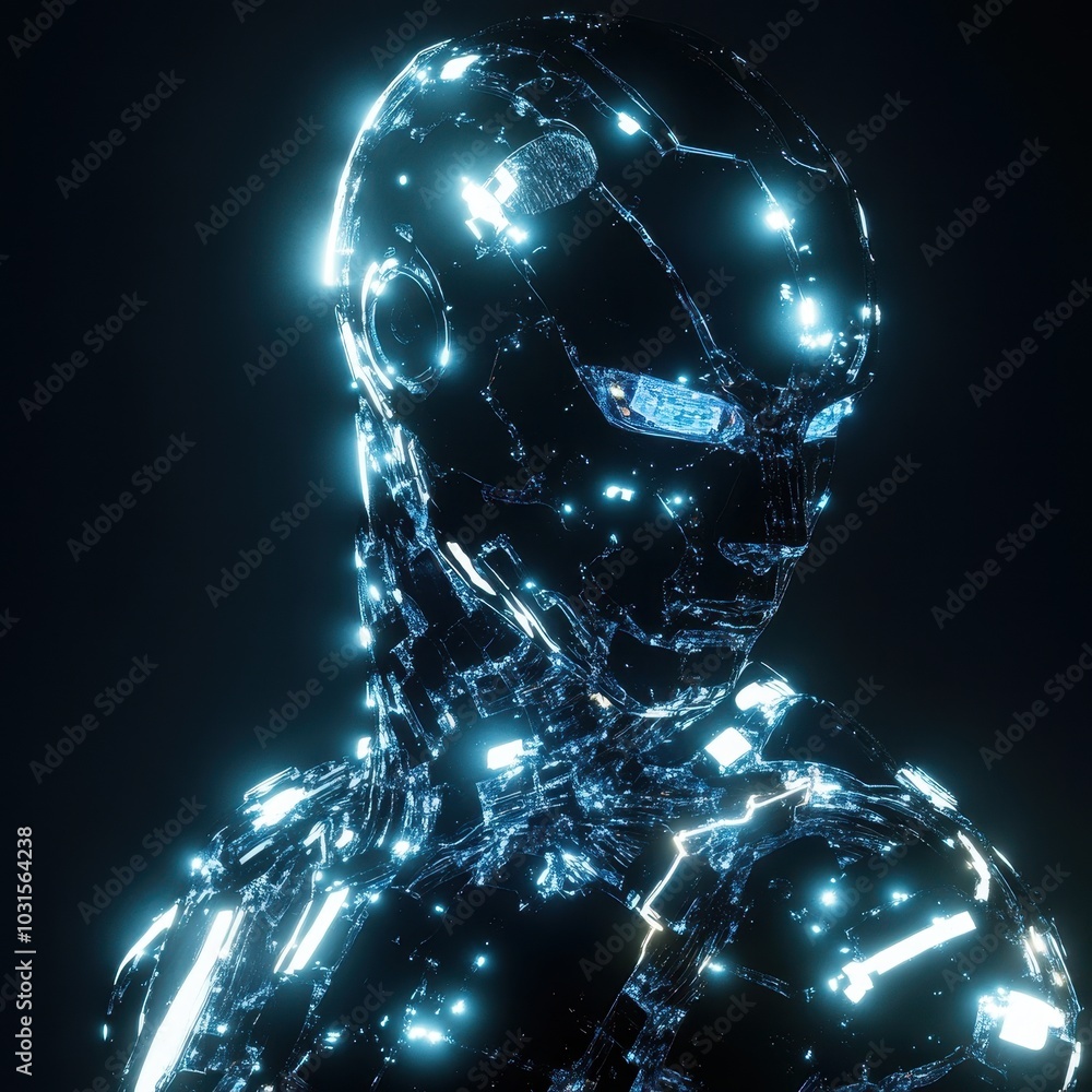 Aufkleber glowing robot assembling itself from shimmering pieces