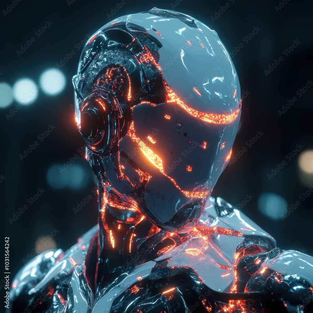 Poster futuristic robot assembling itself from glowing parts
