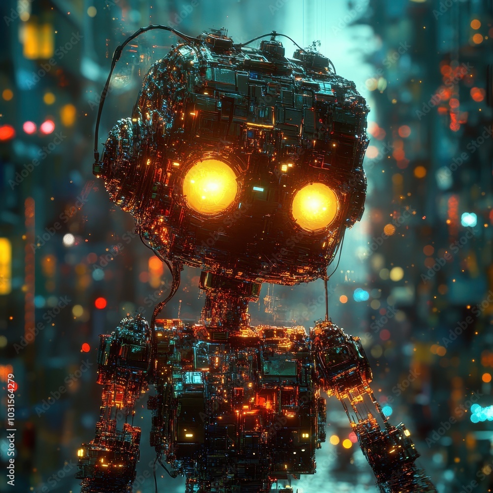 Poster glowing robot assembling itself from colorful parts