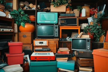 A Dusty Attic Filled With Outdated Gadgets Like Cassette Players, Vhs Tapes, And Floppy Disks, Illustrating The Passage Of Time And How Technology Has Transformed