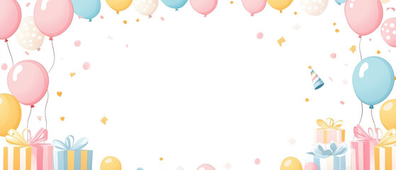 minimalist birthday frame background with balloons and gifts on the border side and empty white space for a refreshing party decoration style