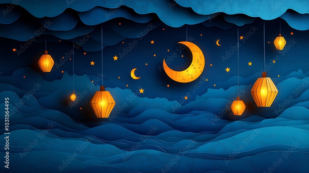 Poster whimsical paper cut style design with vibrant lanterns and crescent moons floating in a night sky wi