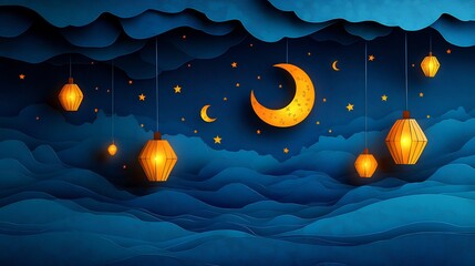 Whimsical paper cut style design with vibrant lanterns and crescent moons floating in a night sky with stars set on a deep blue background with a large area for text at the bottom