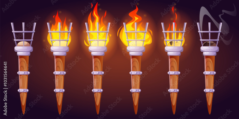 Poster medieval torch with wooden handle and fire flame with glow and smoke. game ui asset of unlit, burnin
