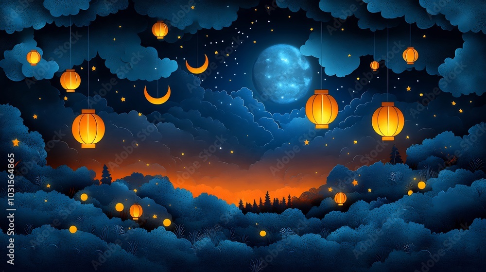 Aufkleber whimsical paper cut style design with vibrant lanterns and crescent moons floating in a night sky wi
