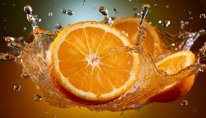 A juicy orange cut in half, with a splash of juice frozen in mid-air for a refreshing citrus effect.