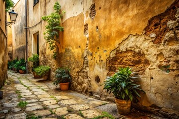 Fototapeta premium Architectural Photography of Old Beige Wall and Ground Textures in Urban Setting, Capturing Aged Surfaces, Rustic Charm, and Architectural Details for Stunning Visual Appeal