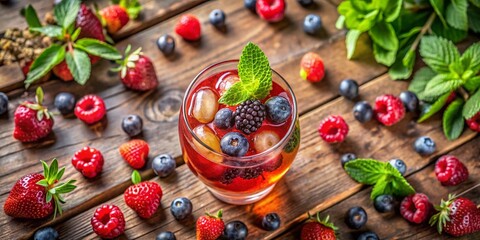 Refreshing Cocktail with Fresh Berries on Rustic Wood Table - Summer Drink Photography