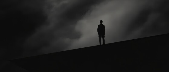 A solitary figure stands atop a dark edge, silhouetted against a stormy sky, evoking a sense of mystery and contemplation.