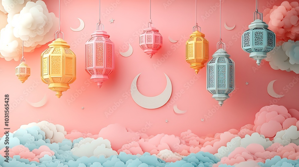 Aufkleber whimsical paper cut style design with hanging lanterns and crescent moons in bright shades floating 