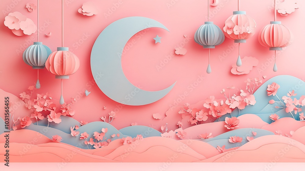 Aufkleber whimsical paper cut style design with hanging lanterns and crescent moons in bright shades floating 