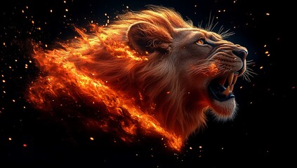 A fiery lion's head emerging from flames, symbolizing strength and power.