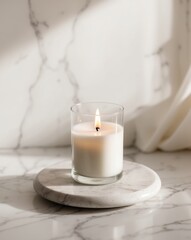 Serene Single White Candle in Glass Holder on Marble Surface with Soft Blurred Background.