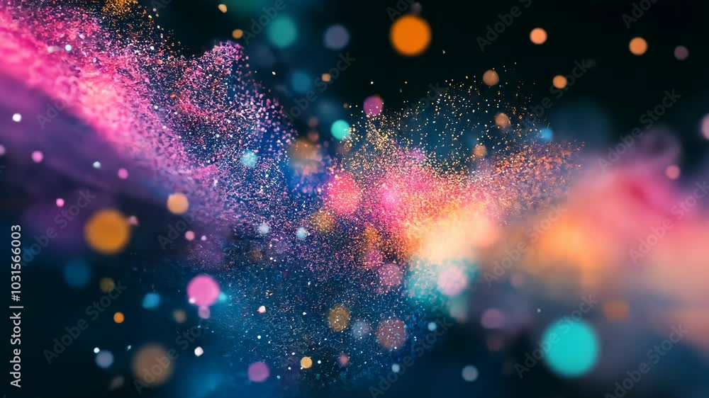 Poster Colorful particles dance in the air, illuminated by a bright light source, creating a mesmerizing display
