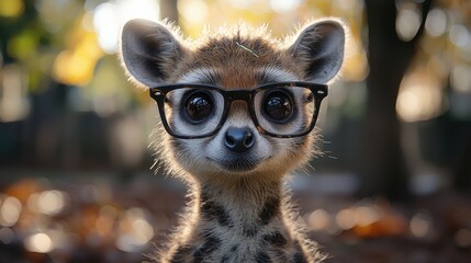 Fototapeta premium A curious meerkat wearing glasses explores its surroundings in a sunny garden filled with autumn leaves