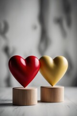 Two red and yellow hearts atop separate wooden bases.
