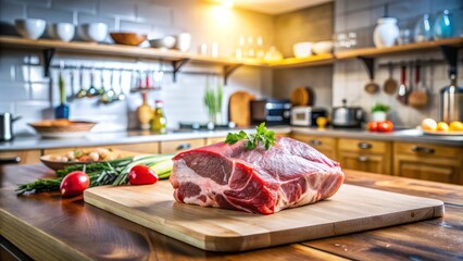 Tilt-Shift Photography of a Large Piece of Raw Meat in a Modern Kitchen Setting for Culinary Enthusiasts and Food Photography Lovers