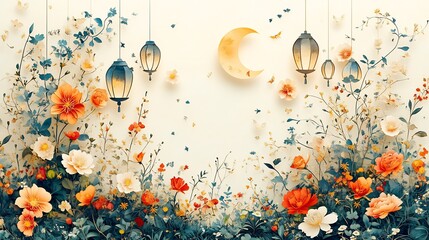 Whimsical paper cut style illustration of multiple hanging lanterns and crescent moons adorned with colorful floral motifs on a light cream background providing ample space for text at the bottom