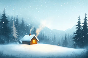 Cozy Ski Lodge Nestled Among Towering Evergreens, With Smoke Curling From The Chimney And Snow Gently Falling, Providing A Warm Winter Ski Background