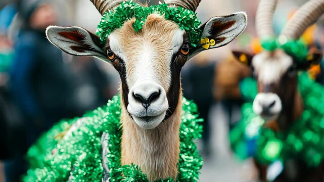 A goat wearing a green garland looks directly at the camera during a St. Patrick's Day parade