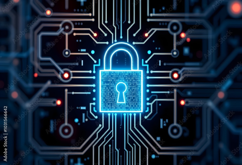 Poster digital neon blue lock pad with a circuit board on dark background cybersecurity encryption technolo