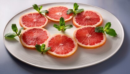 A sliced grapefruit arranged in a circular pattern on a white plate, with mint leaves as garnish.