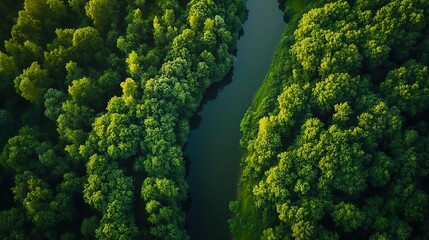 Naklejka premium Aerial View of Lush Forest and Serene River