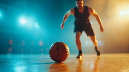 Naklejka premium Basketball on court with player in background