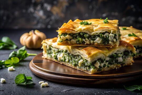 Traditional Greek Spanakopita Pie with Spinach and Feta Cheese - Lavitation Food Photography in Dark Background for Culinary Delight