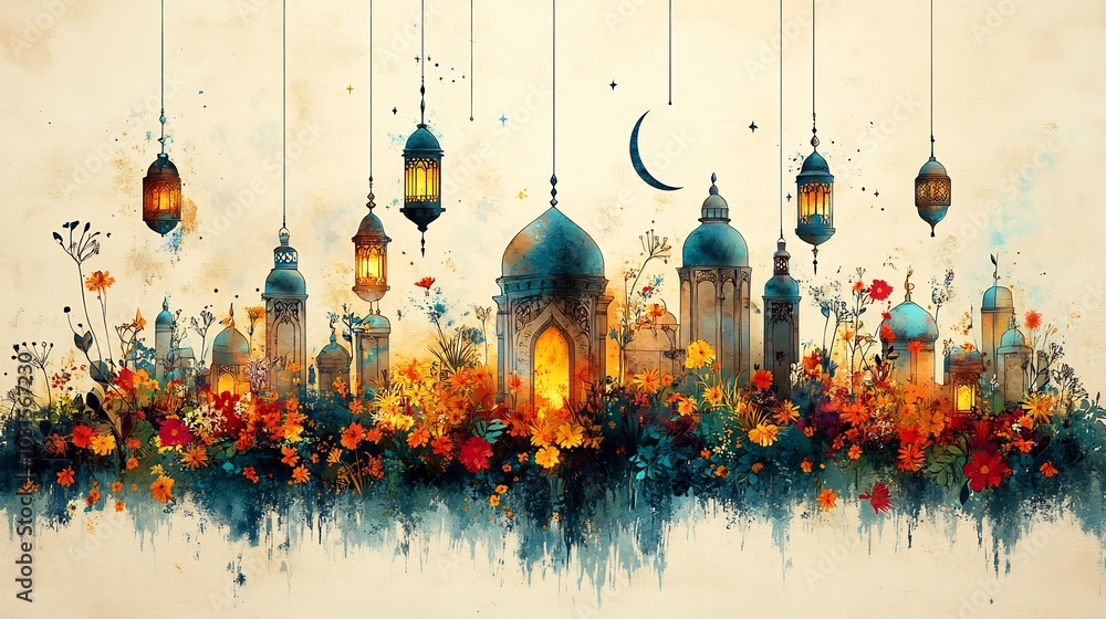 Aufkleber whimsical paper cut style illustration of multiple hanging lanterns and crescent moons adorned with 