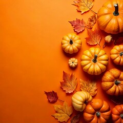 Decorative pumpkins on an orange background