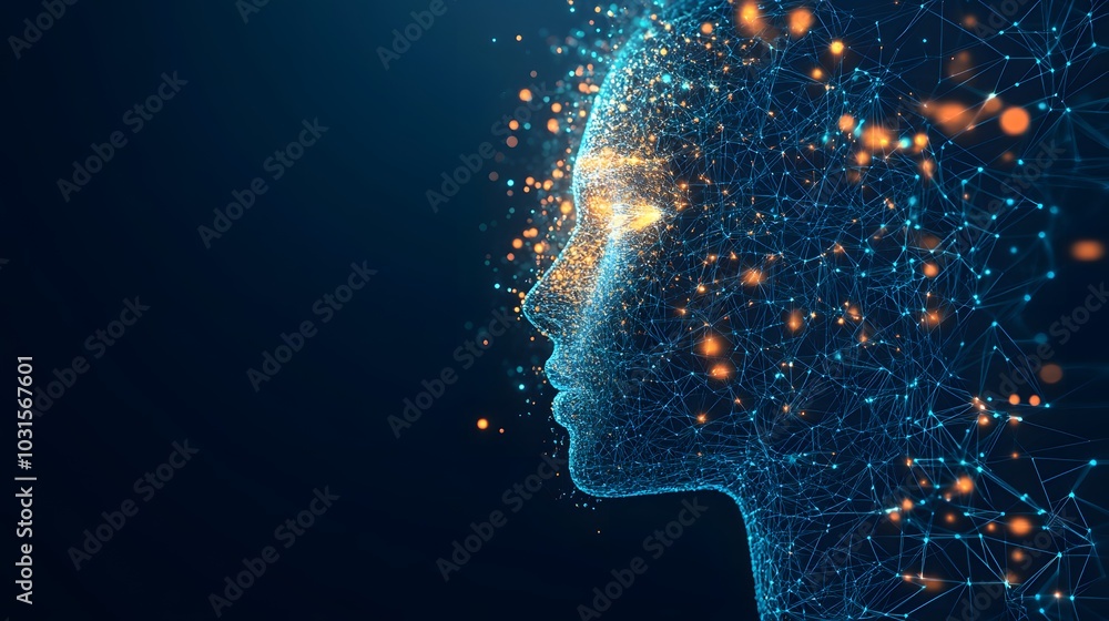 Poster abstract digital human profile with glowing nodes and lines