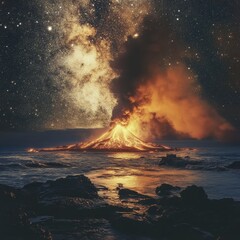 Erupting Volcano Under Starry Sky with Molten Lava
