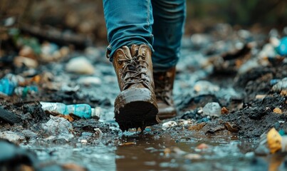 Muddy boots walking through garbage.