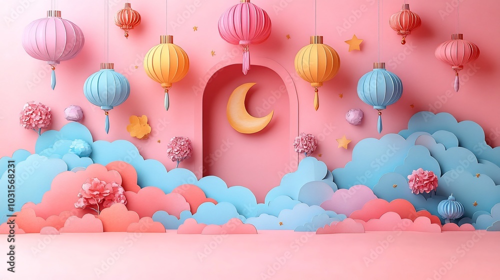 Poster whimsical paper cut style scene filled with colorful lanterns and crescent moons arranged in a playf