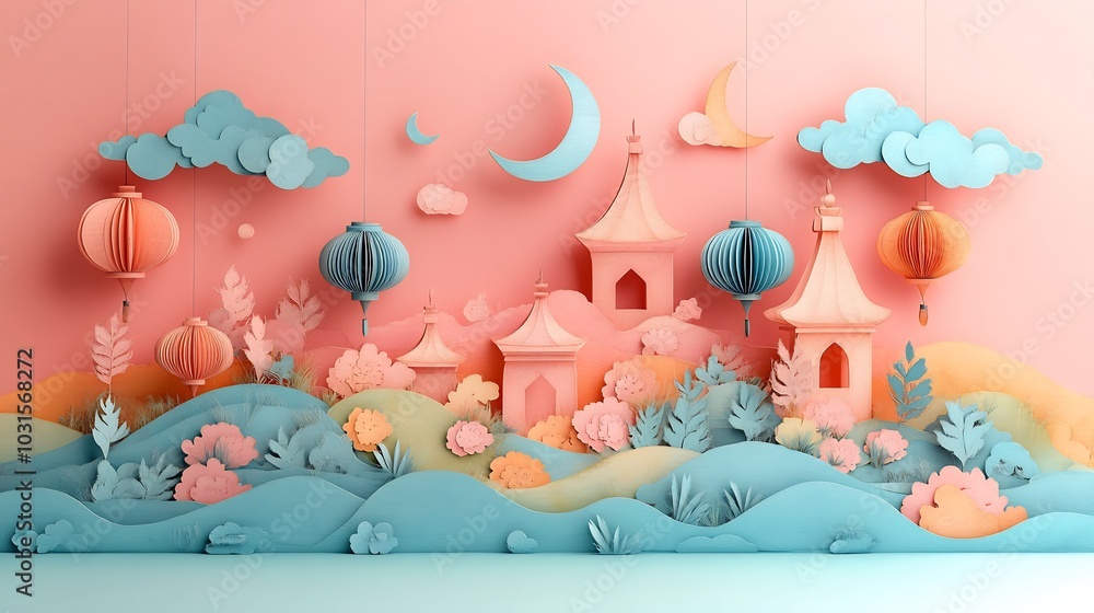 Poster whimsical paper cut style scene filled with colorful lanterns and crescent moons arranged in a playf