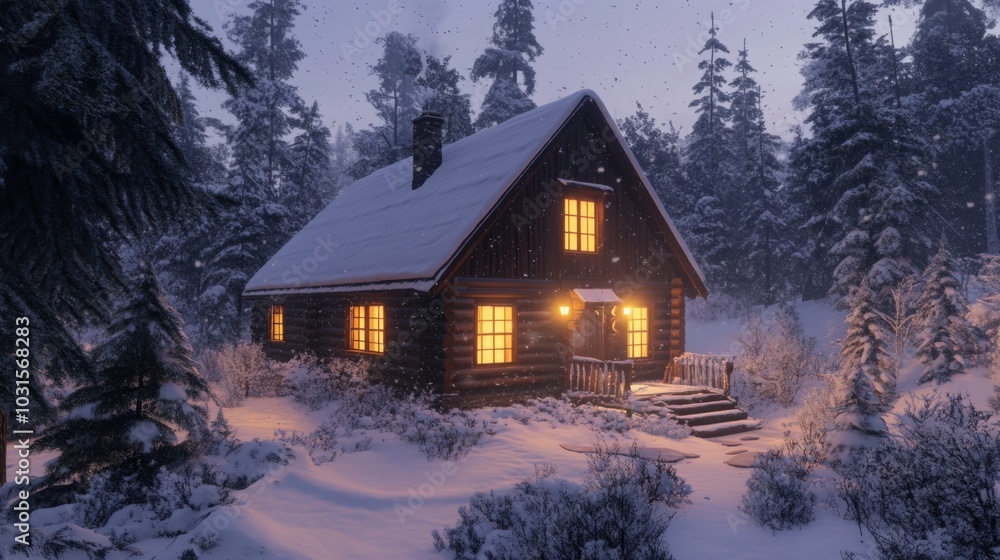 Poster a cabin with a snow-covered roof and lit windows sits in a snowy forest. the scene is bathed in the 