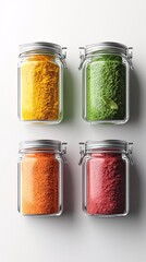 Organic spice jars, with vibrant powders, 3D illustration