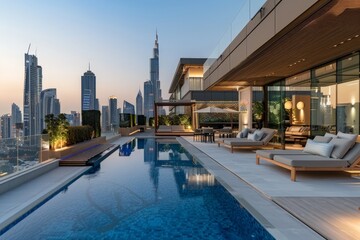 Obraz premium Luxury Penthouse Rooftop Pool with City Skyline View in Dubai
