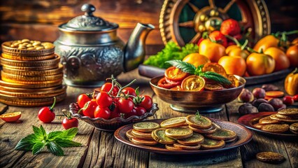 Fototapeta premium Retro Coin Food Photography with Vintage Aesthetic and Nostalgic Vibes