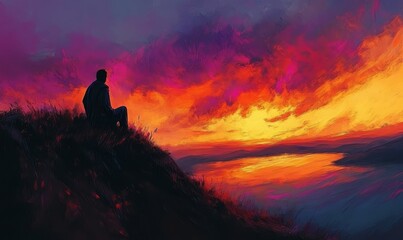 Silhouette figure watching a fiery sunset.