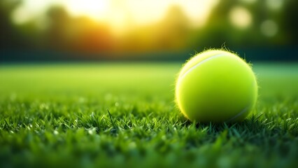 Naklejka premium Tennis ball on a grass lawn outdoor tournament sunlight falling on to the golf ball macro texture