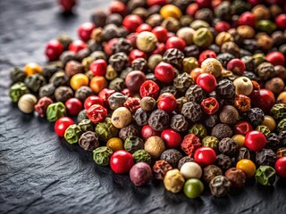 Vibrant Rainbow Peppercorns on Dark Slate Background - Close-Up Culinary Photography