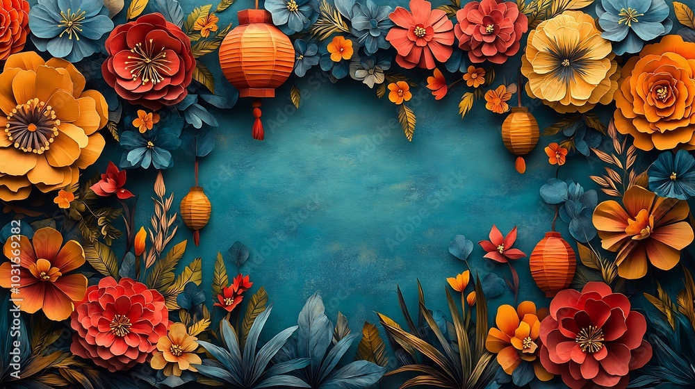 Aufkleber whimsical paper cut style scene filled with colorful floral motifs and lanterns arranged in a vibran